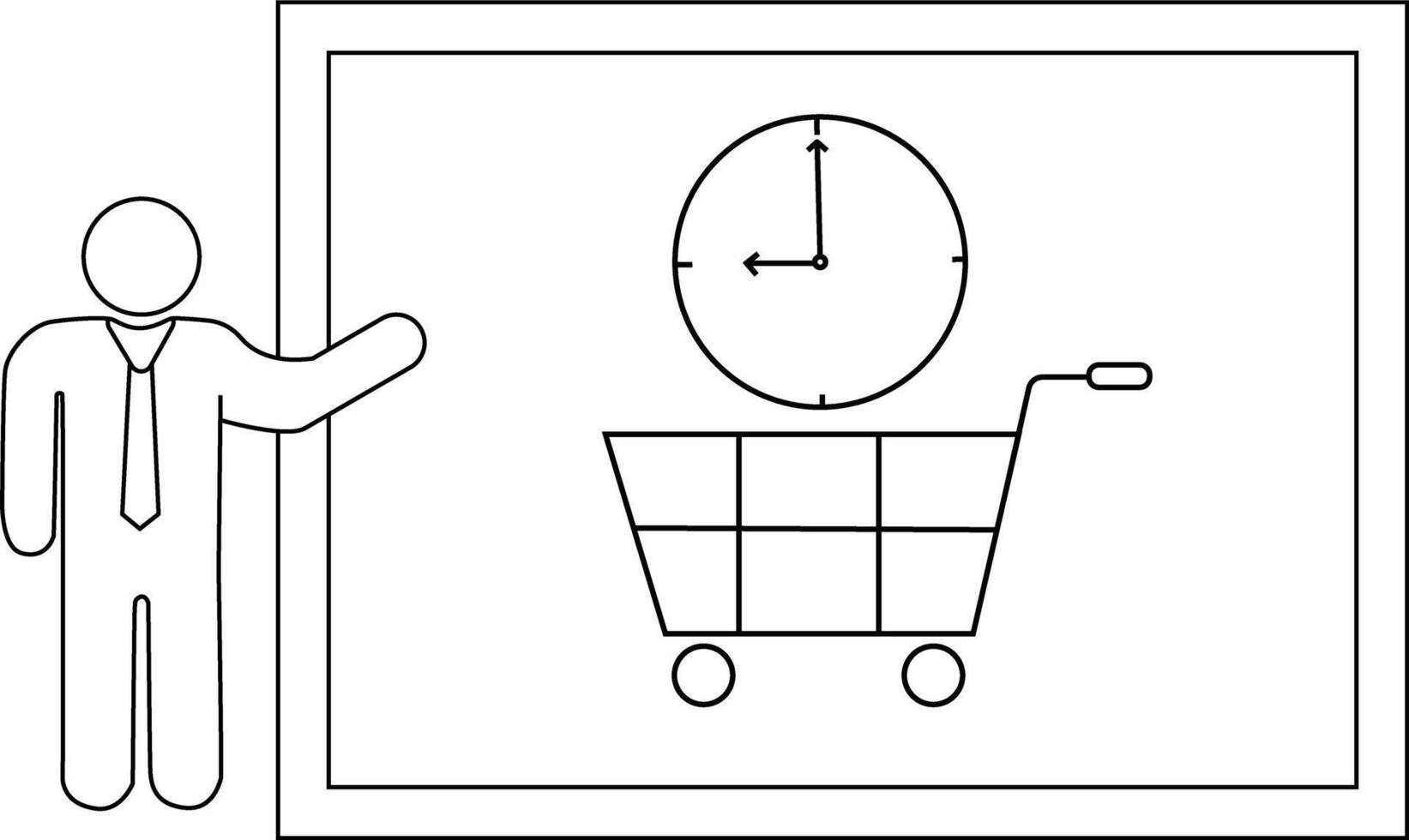 Figure gestures toward a shopping cart with a clock above it all within a framed display vector