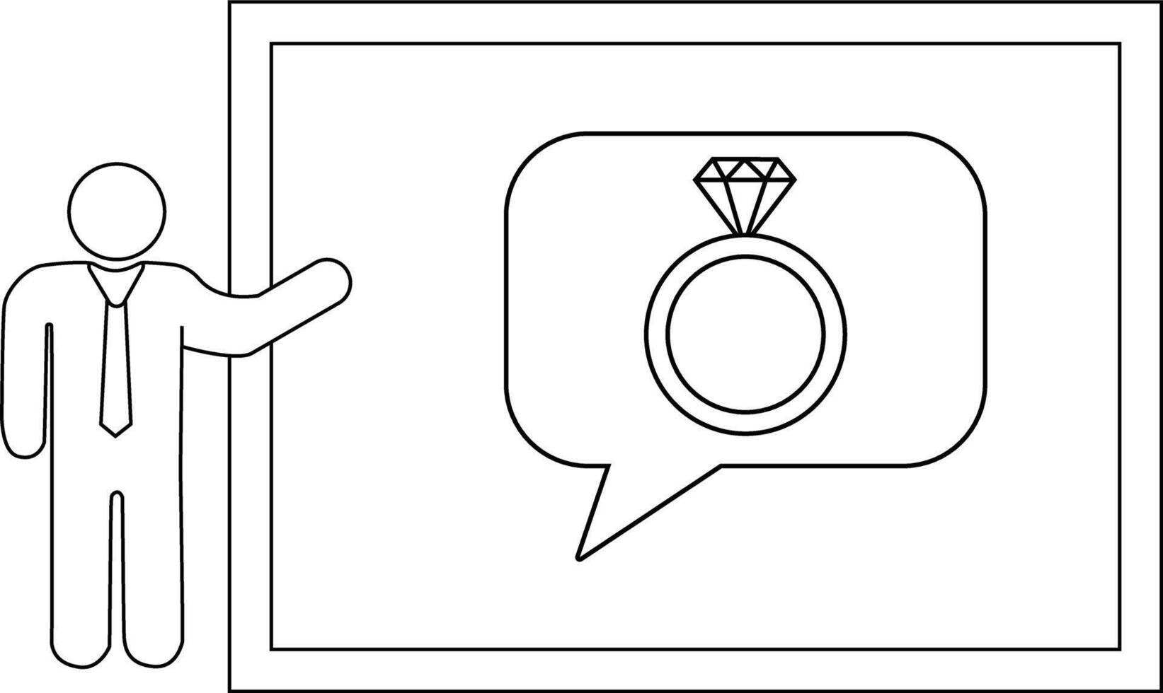 Outline drawing showing a presenter pointing to a diamond ring in a talk bubble vector