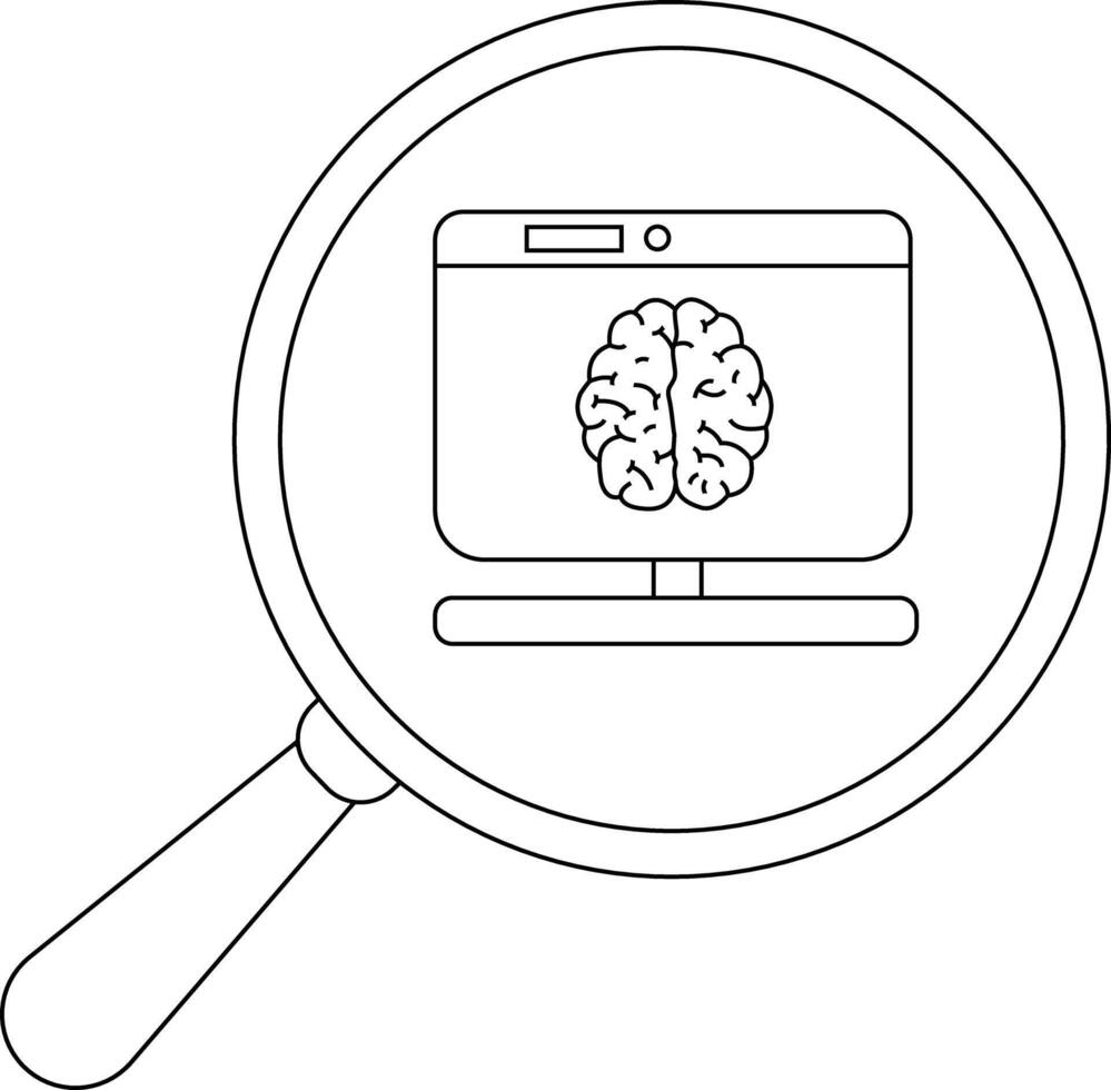 A magnifying glass focuses on a computer screen displaying a brain vector