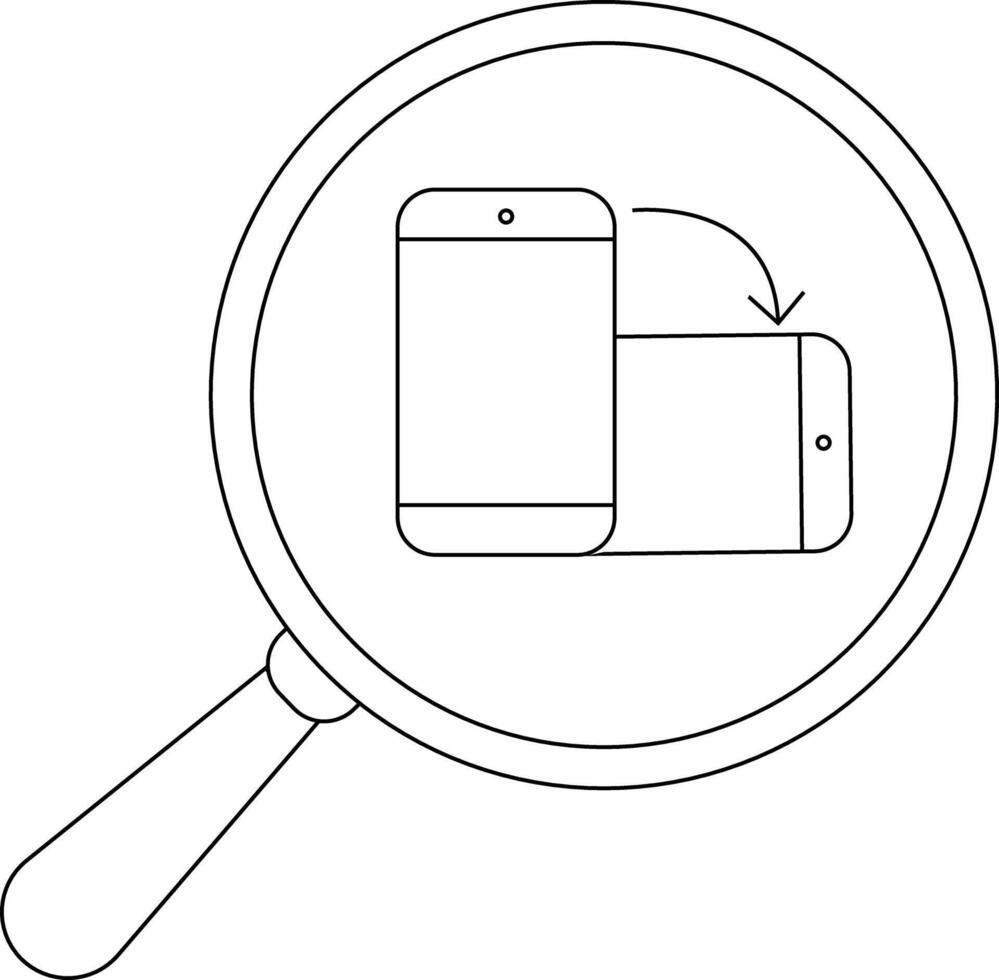 A magnifying glass frames two phones one vertical and one horizontal with a curved arrow between them vector