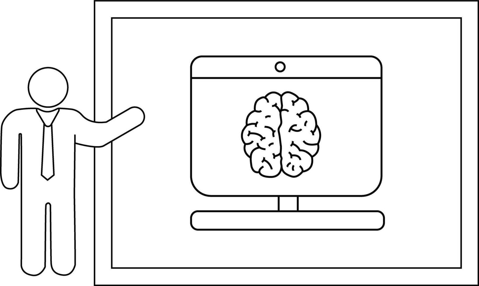 línea Arte representa un presentador junto a un pantalla con un cerebro en eso conjunto dentro un marco vector