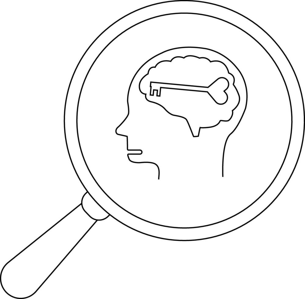 A head profile containing a brain with a key viewed through a magnifying glass vector