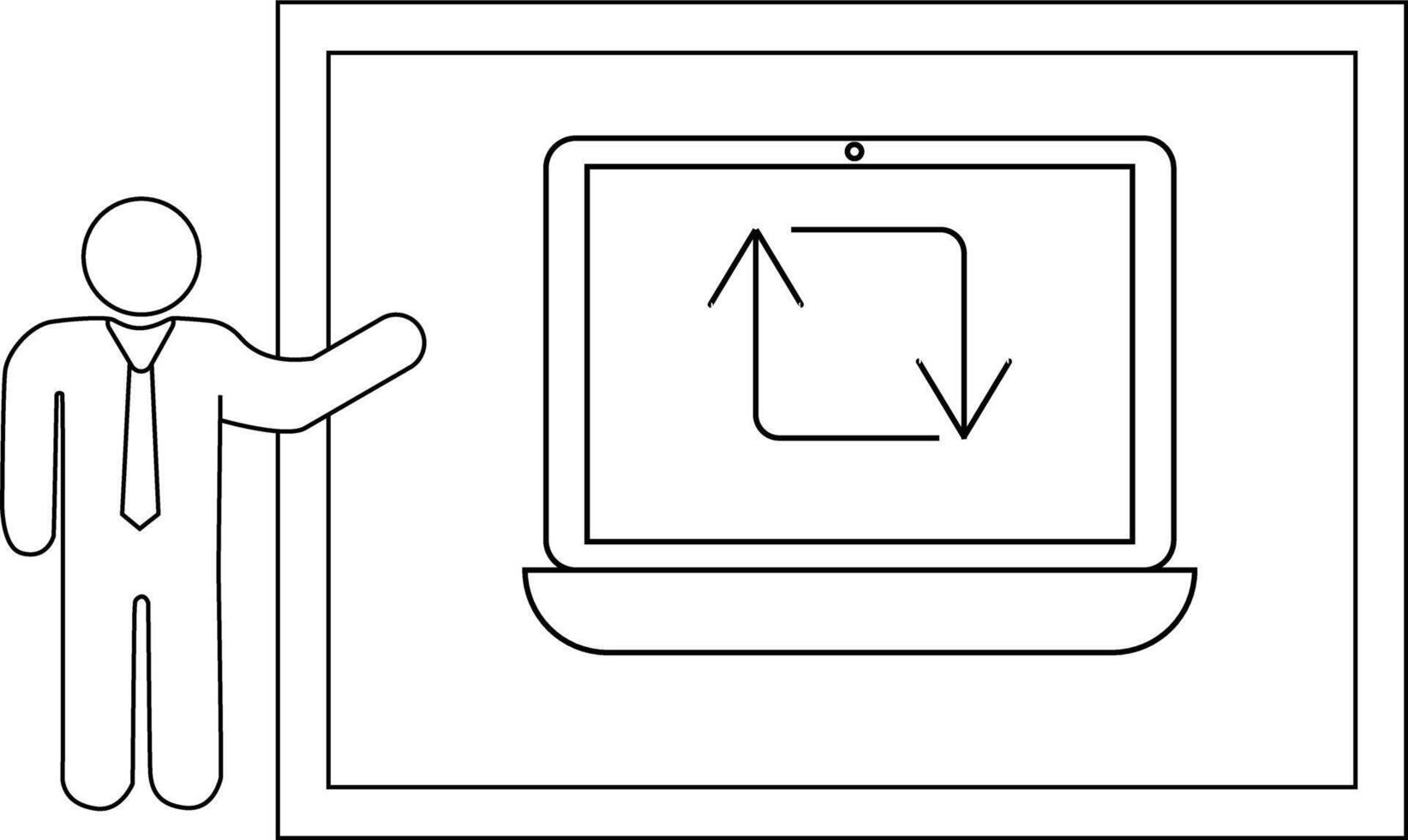 Person presenting laptop with a square arrow looping up down on screen in a framed setting vector