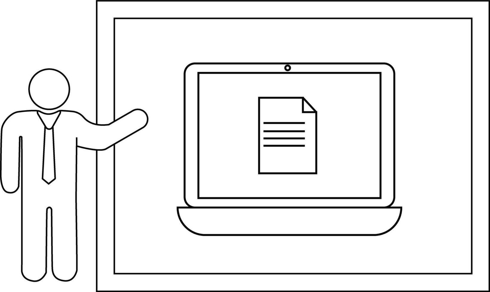 Figure pointing to a framed laptop showing a document on its screen vector