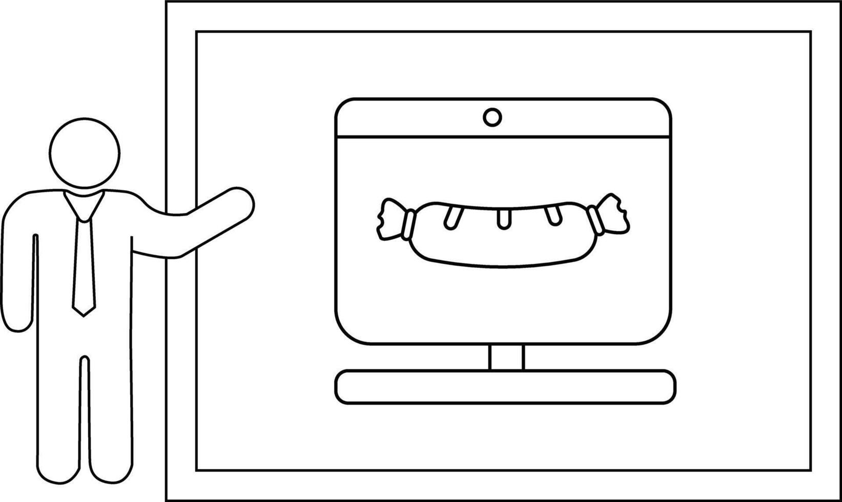 Line drawing Presenter shows sausage on a computer screen within a frame vector