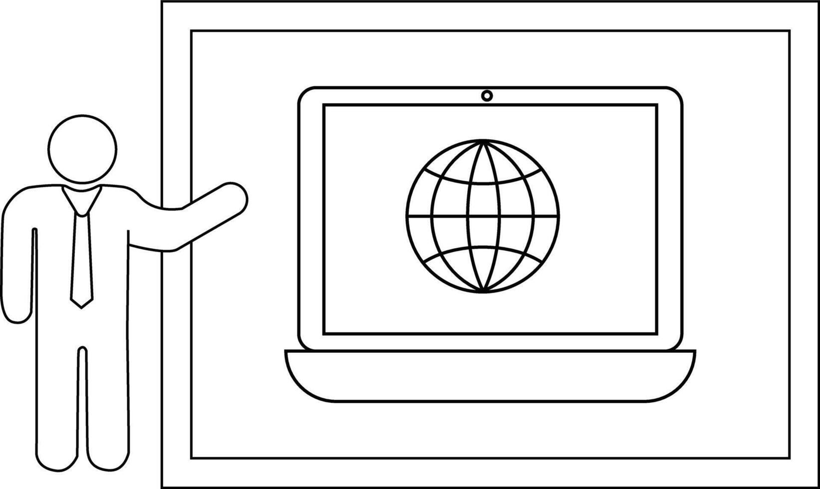 A stick figure points toward a laptop with a globe on the screen framed within a larger rectangle vector