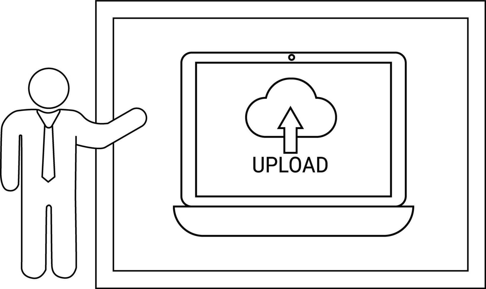 A diagram showing a person gesturing towards a laptop displaying an upload icon within a framed border vector