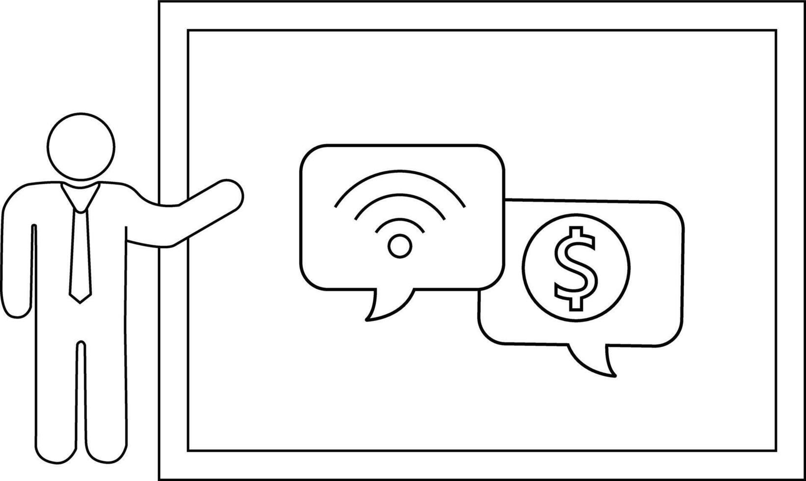 A person gestures towards a board displaying WiFi and dollar sign icons in speech bubbles vector
