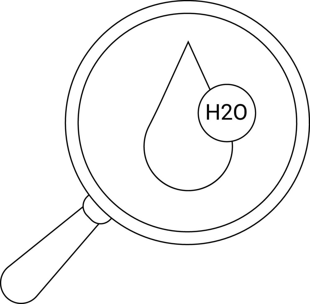 A magnifying glass examines a water drop symbol with the text H2O inside a circle vector