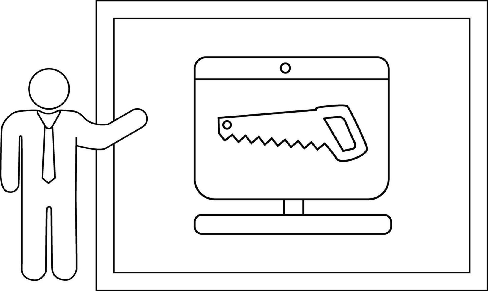 A person points to a computer monitor displaying a saw within a framed setting vector