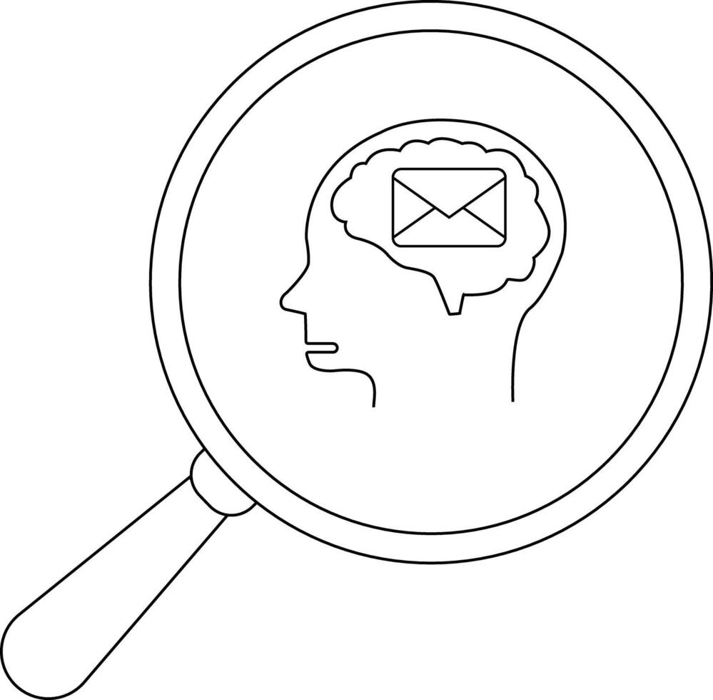 A magnifying glass focuses on a brainshaped outline containing an envelope symbol vector