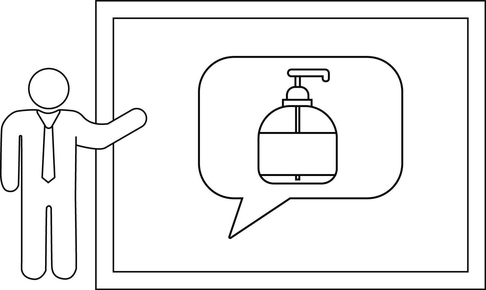 Line drawing figure pointing at a sign with a soap dispenser in a speech bubble double border vector