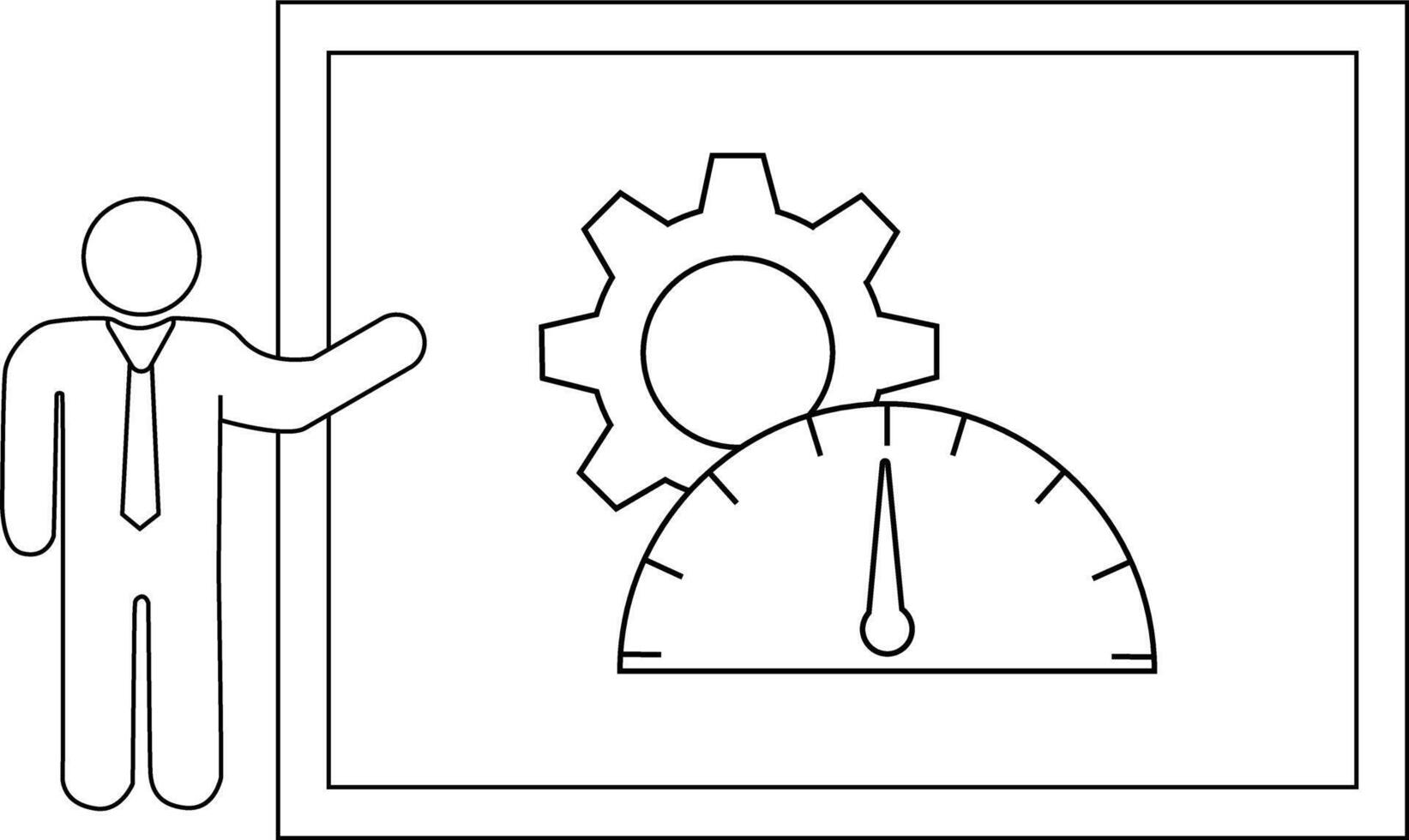 A stick figure presents a chart with a gear a speedometerlike dial indicating business analyticsprocess control vector