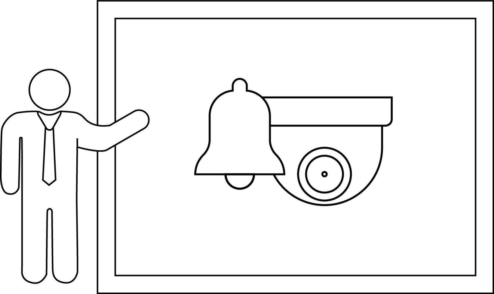 A stickfigure man points to a framed whiteboard displaying a bell and security camera icon vector