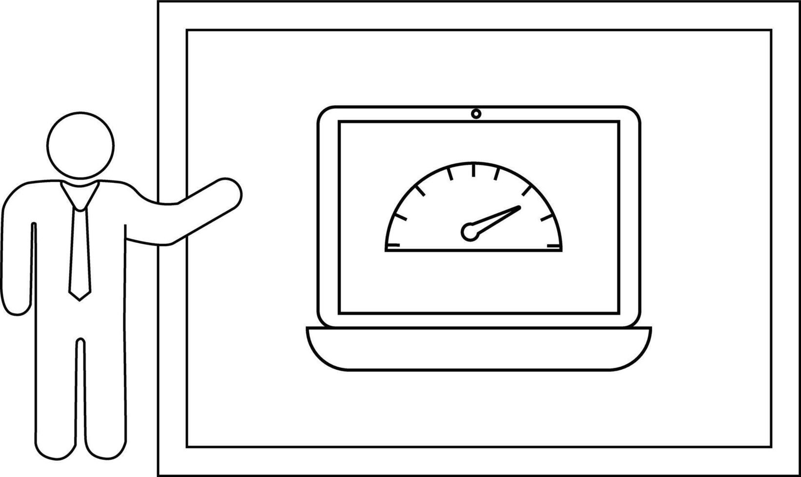 Presentation with a stick figure pointing at a laptop displaying a speedometer on a whiteboard vector