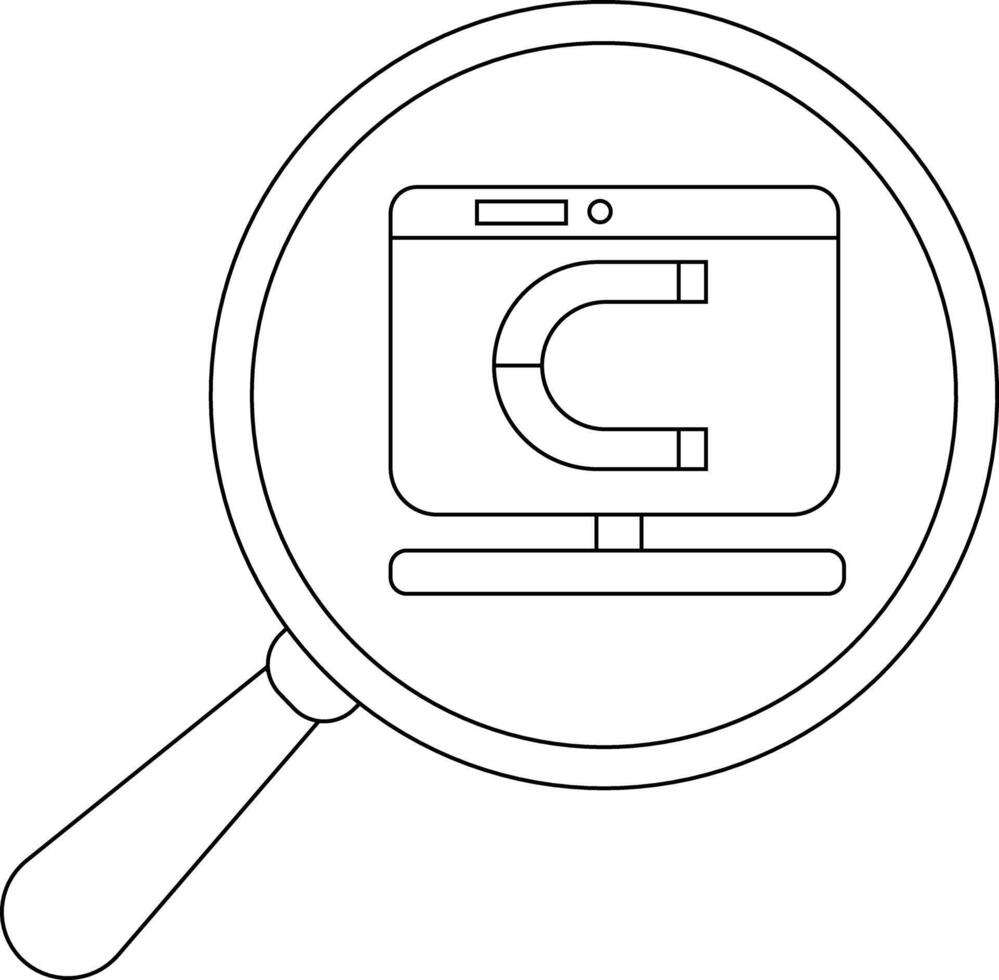 A magnifying glass focuses on a computer monitor displaying a horseshoe magnet vector