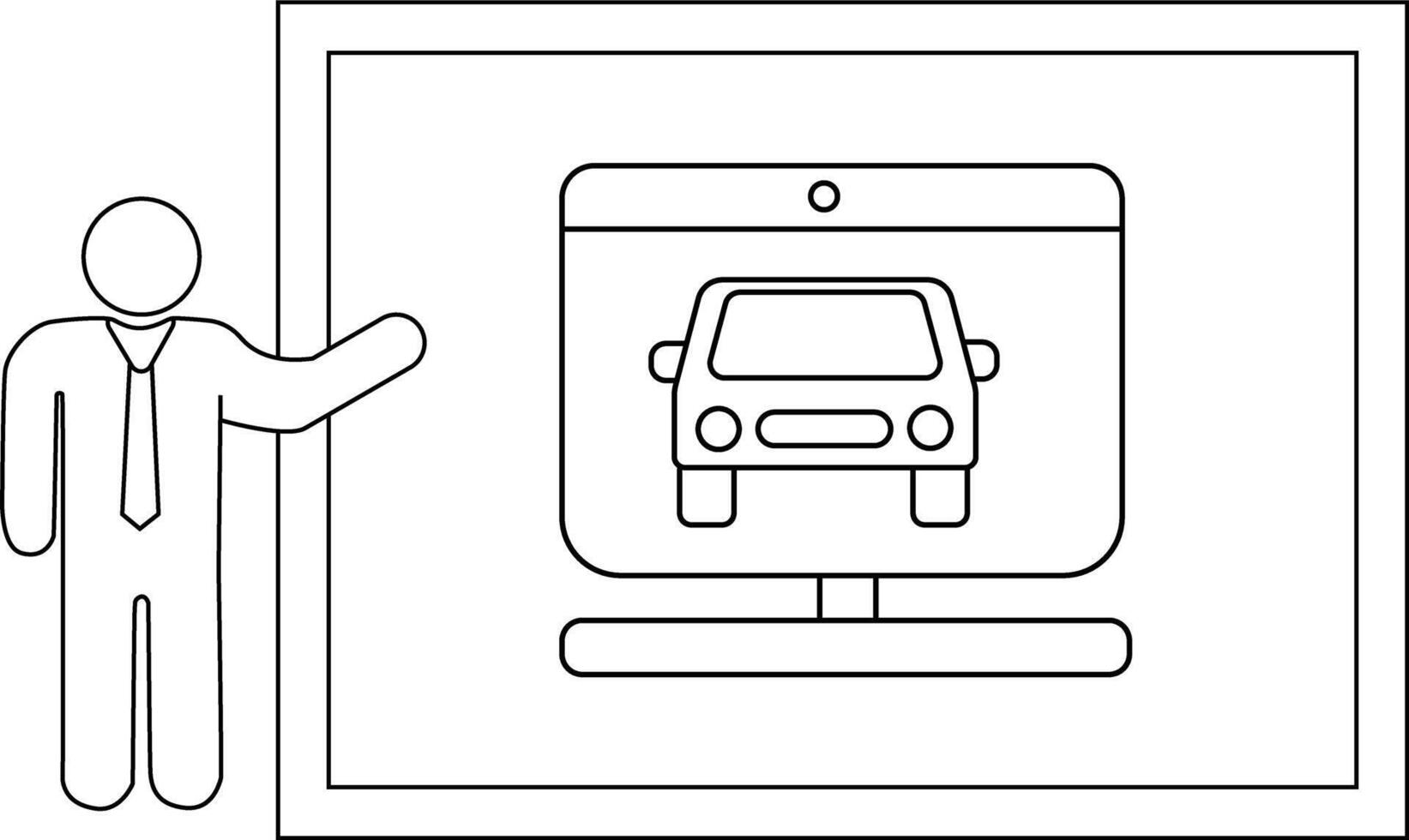 A person presents a car on a monitor within a frame depicted in a simple line art style vector