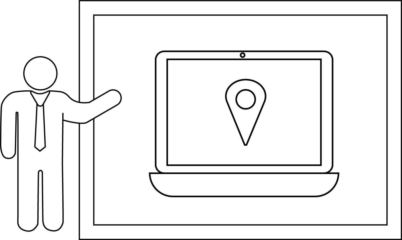 Person presenting a laptop displaying a location pin on screen set against a framed background vector