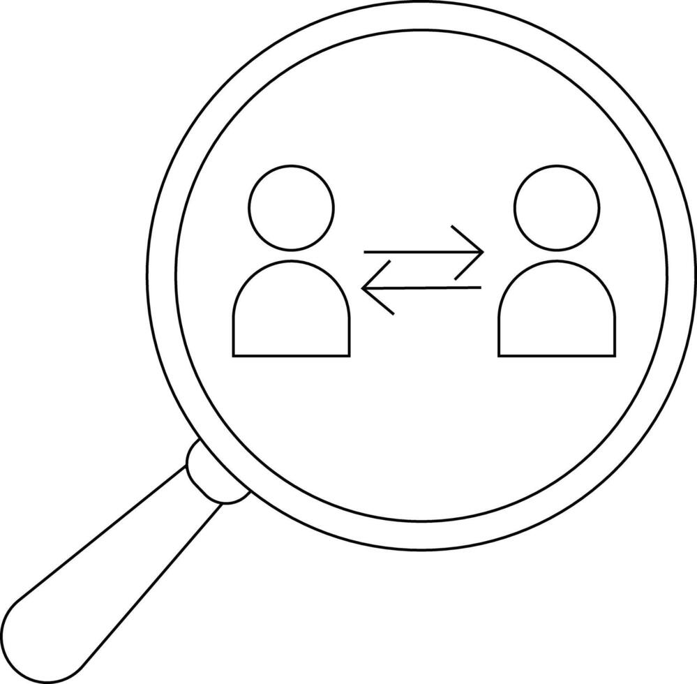 Magnifying glass focuses on two stick figures exchanging information with opposing arrows between them vector