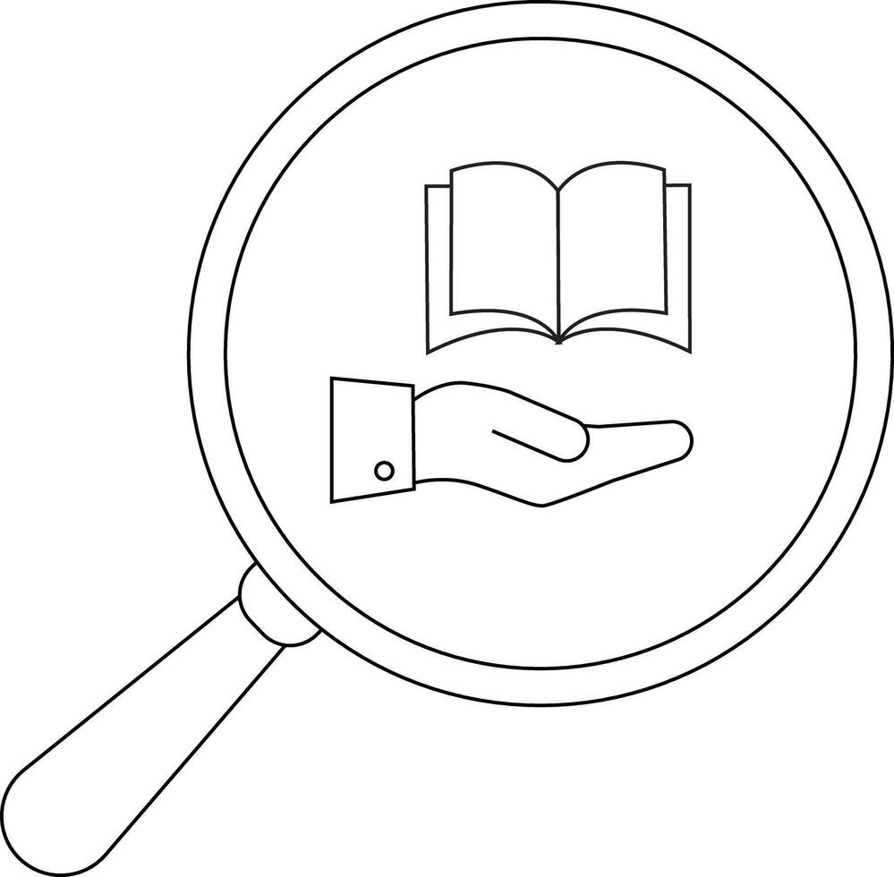Magnifying glass shows an open book resting on a hands palm vector