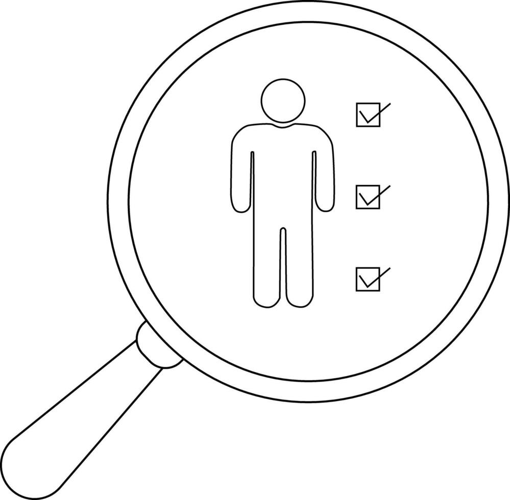 Outlined icon of a person under a magnifying glass with three check marks beside the body vector