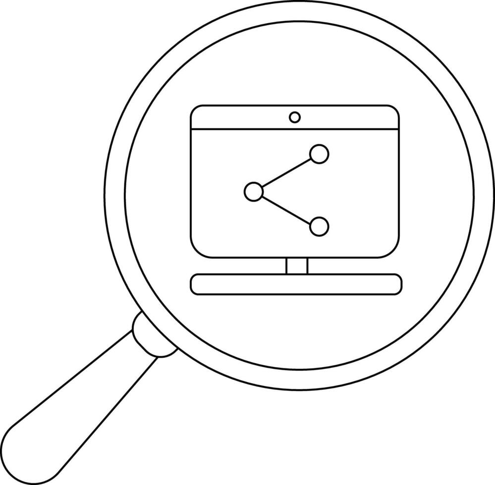 A magnifying glass reveals a computer with a networkshare icon on the screen vector