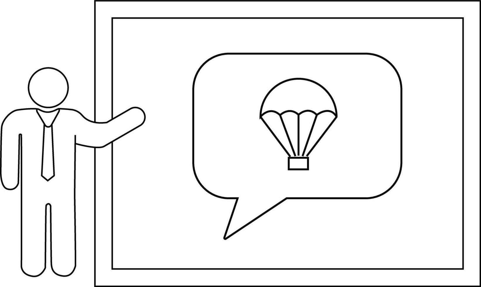 Line drawing shows a figure pointing to a speech bubble with a parachute inside set against a framed background vector