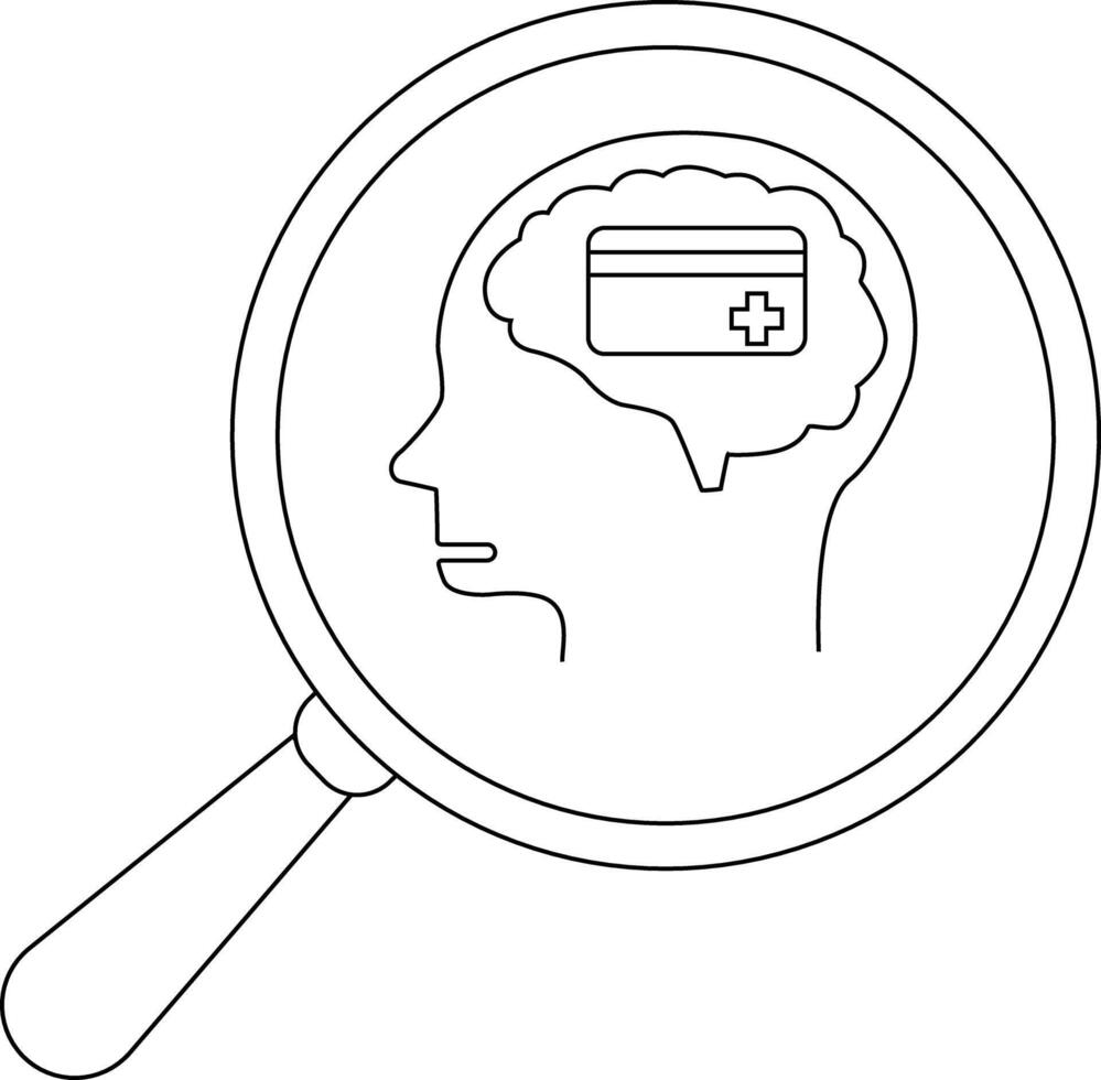 Magnifying glass focuses on a profile with a brain containing a card with a plus symbol on it vector