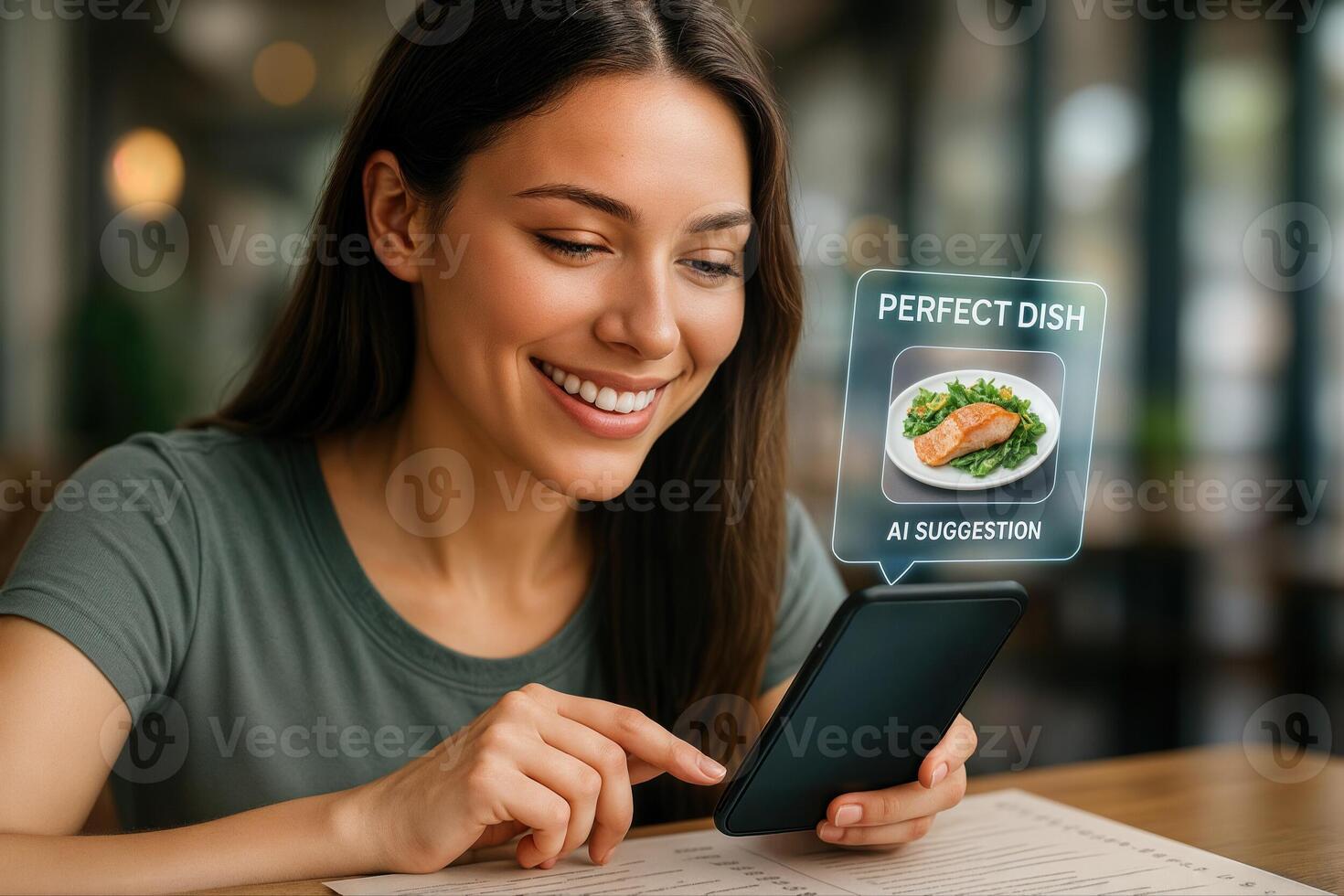 A Smiling Woman Using Her Smartphone to Receive AI Based Menu Suggestions at a Cafe, Featuring an Overlay Display of a Recommended Dish photo