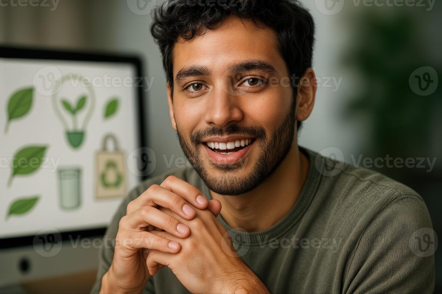 Smiling man in casual attire with eco friendly symbols on computer screen in the background, suggesting sustainable product design focus indoors photo