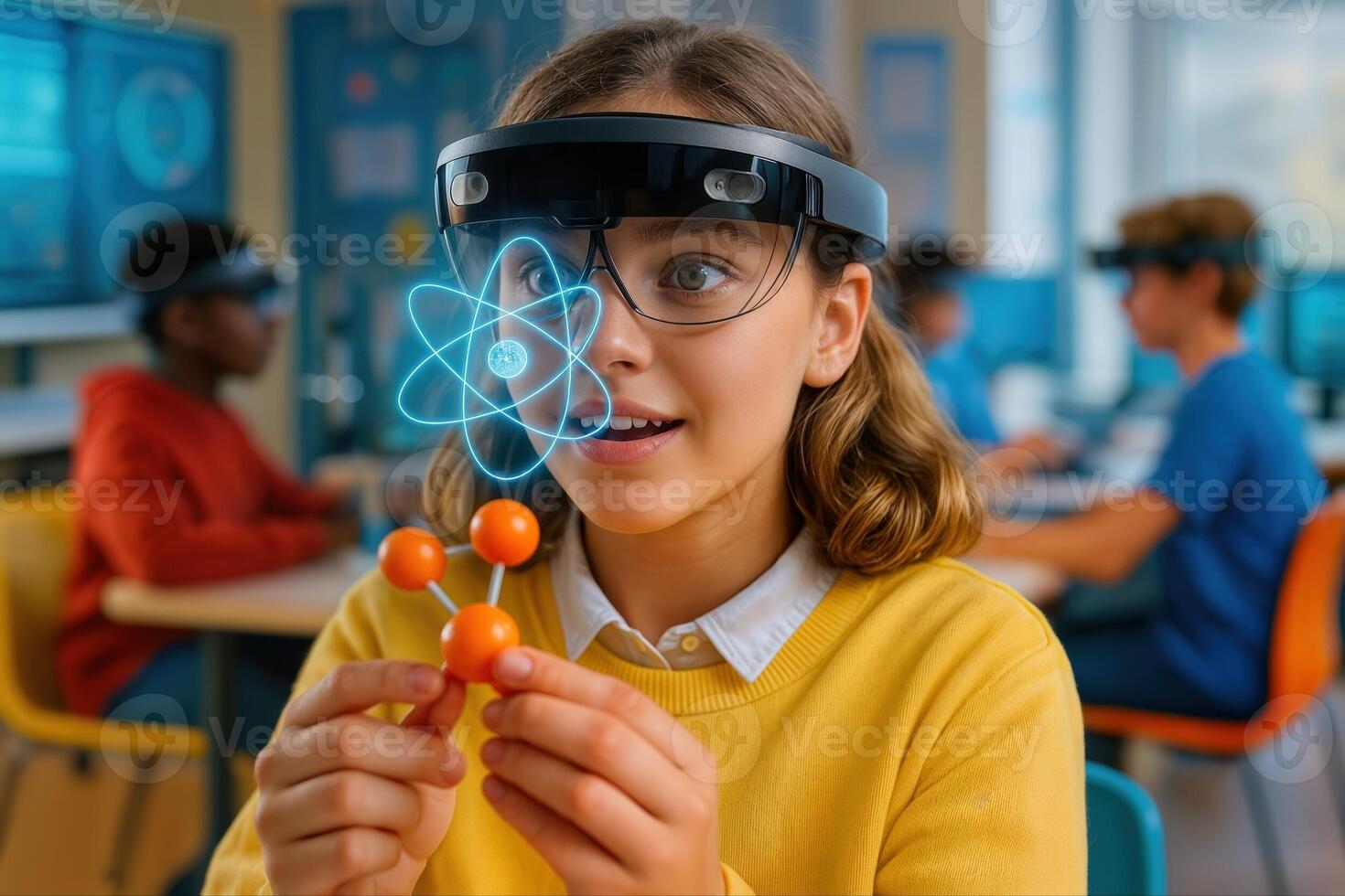 Young Student Using Augmented Reality Glasses To Study Molecular Structure In A Futuristic Science Classroom With Other Students Engaged In Background photo