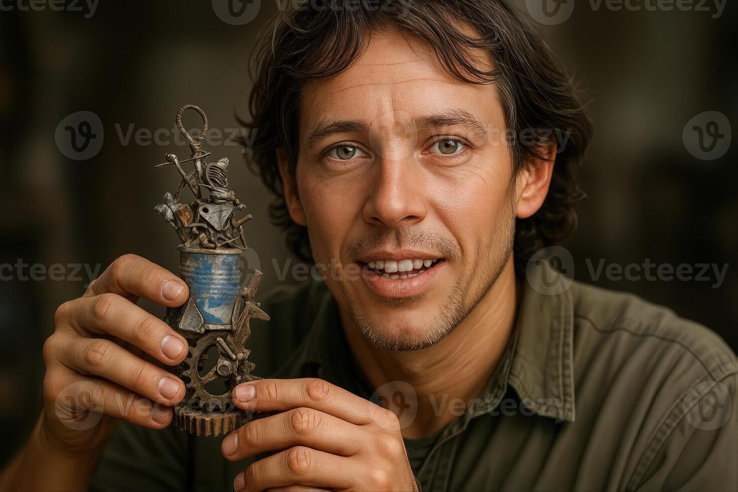 Artist Holding Handmade Junk Sculpture While Smiling in an Indoor Workshop Setting with Shallow Depth Of Field Focus on the Sculpture photo