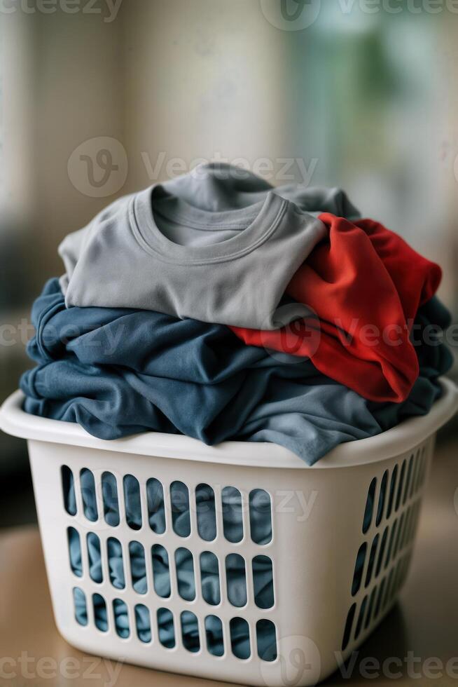 Overflowing Laundry Basket Filled With Clothes Indoors, Featuring Colorful T Shirts In A Bright Setting With Shallow Depth Of Field photo