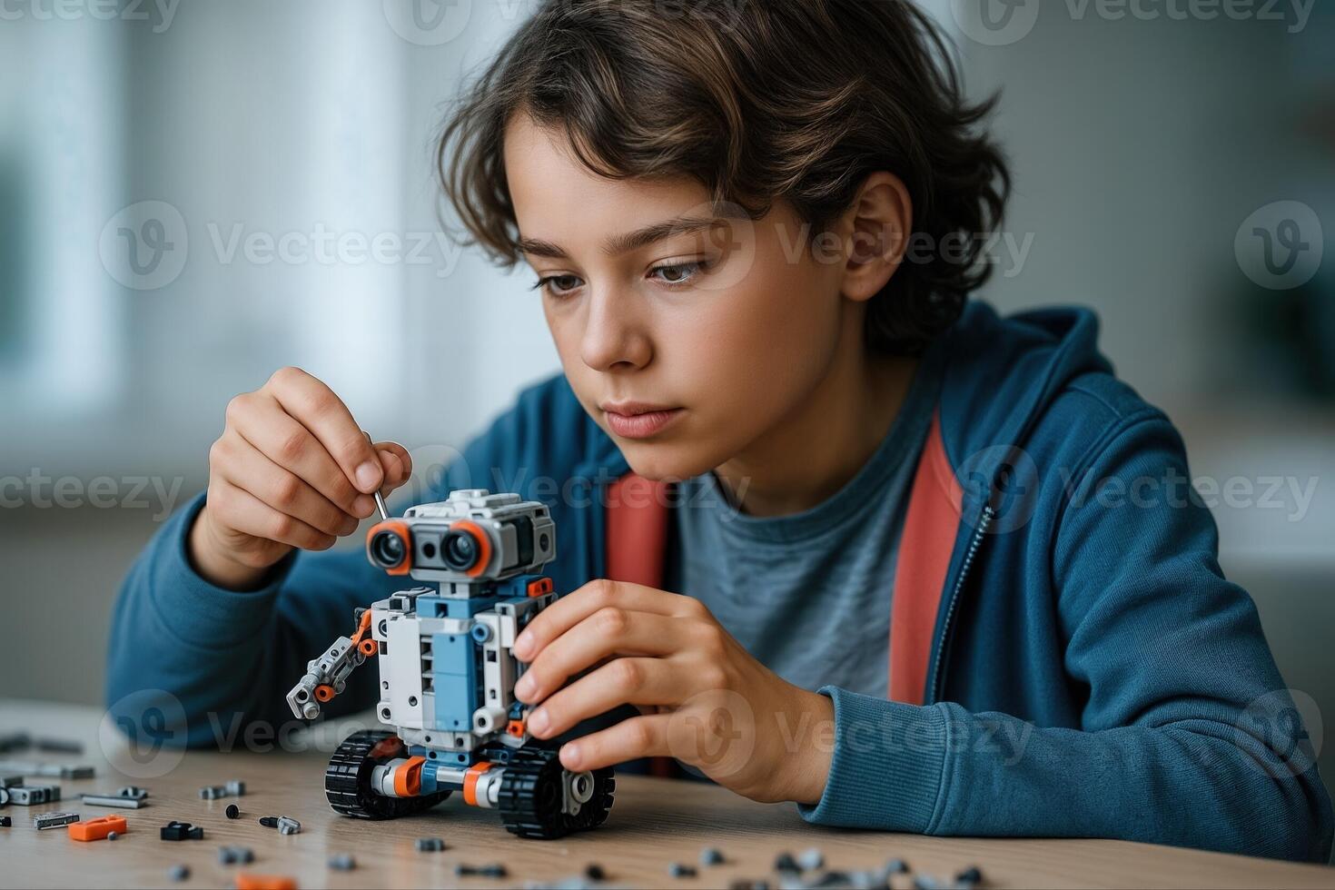 A young student concentrates on building a small robot from toy parts at a desk, showcasing creativity and learning through hands on experience photo