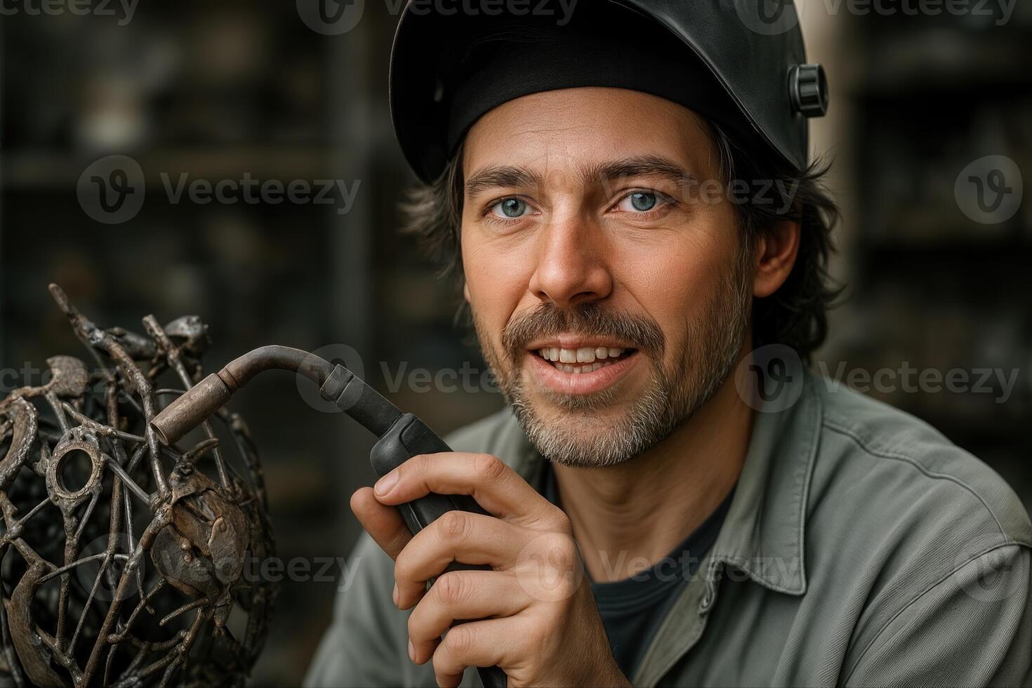 Artist Engaged In Sculpting Scrap Metal With Welding Torch In A Workshop, Demonstrating Creativity And Handcrafting Skills photo