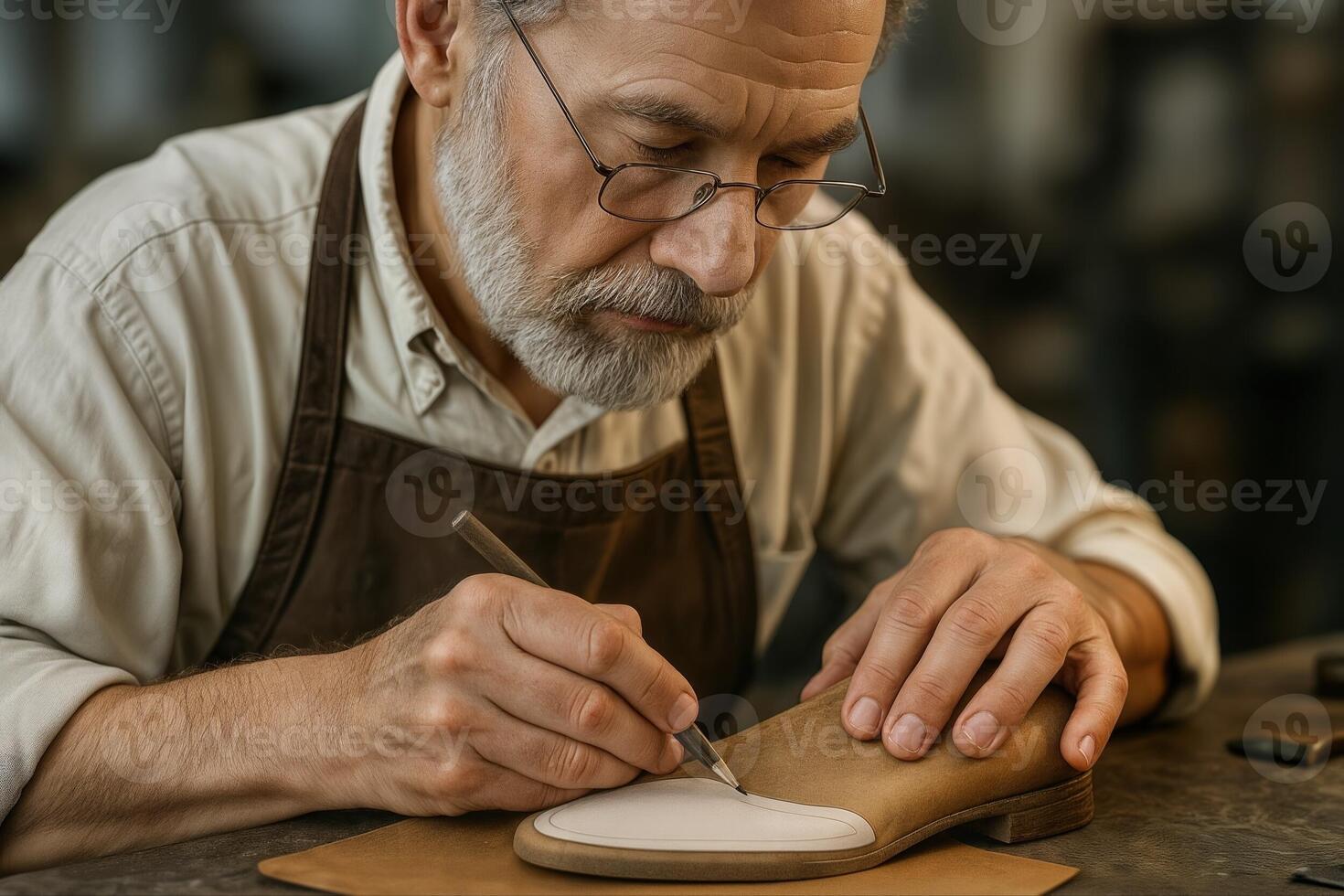 A Skilled Shoemaker Crafts Leather Shoes With Precision, Showcasing Traditional Artistry In A Workshop Setting With Shallow Depth Of Field photo