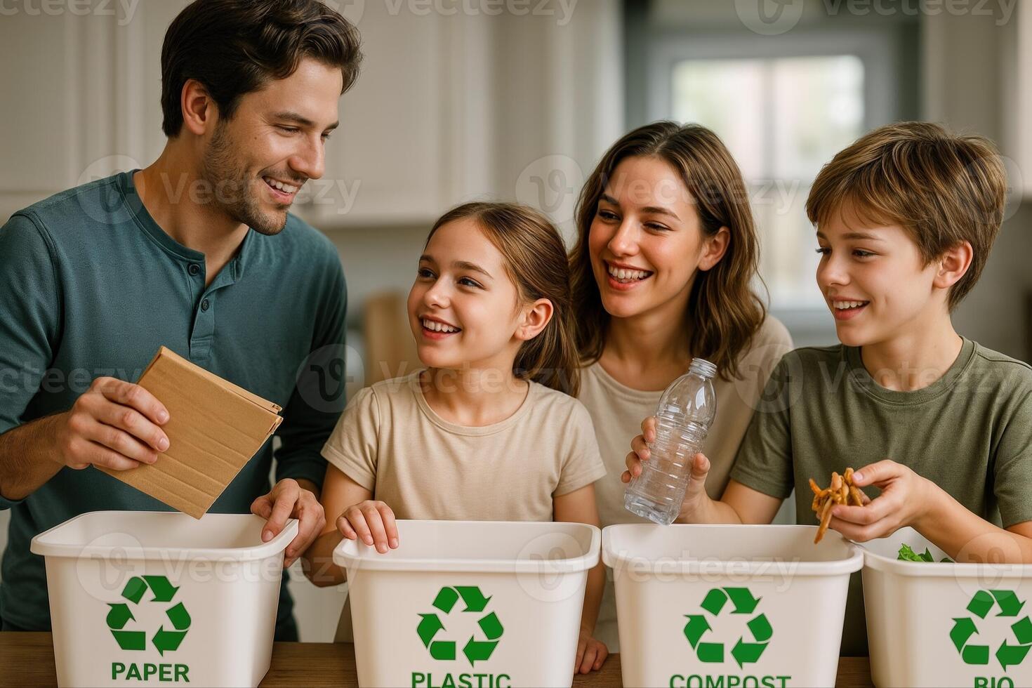 Family Enjoying Recycling Activity Indoors With Three Children Sorting Different Materials Into Labeled Bins Smiling Interacting Together photo