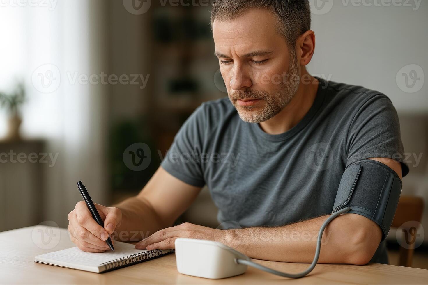 Home Blood Pressure Check Involves A Man Taking A Reading With A Digital Monitor At A Well Lit Indoor Setting During Daytime photo