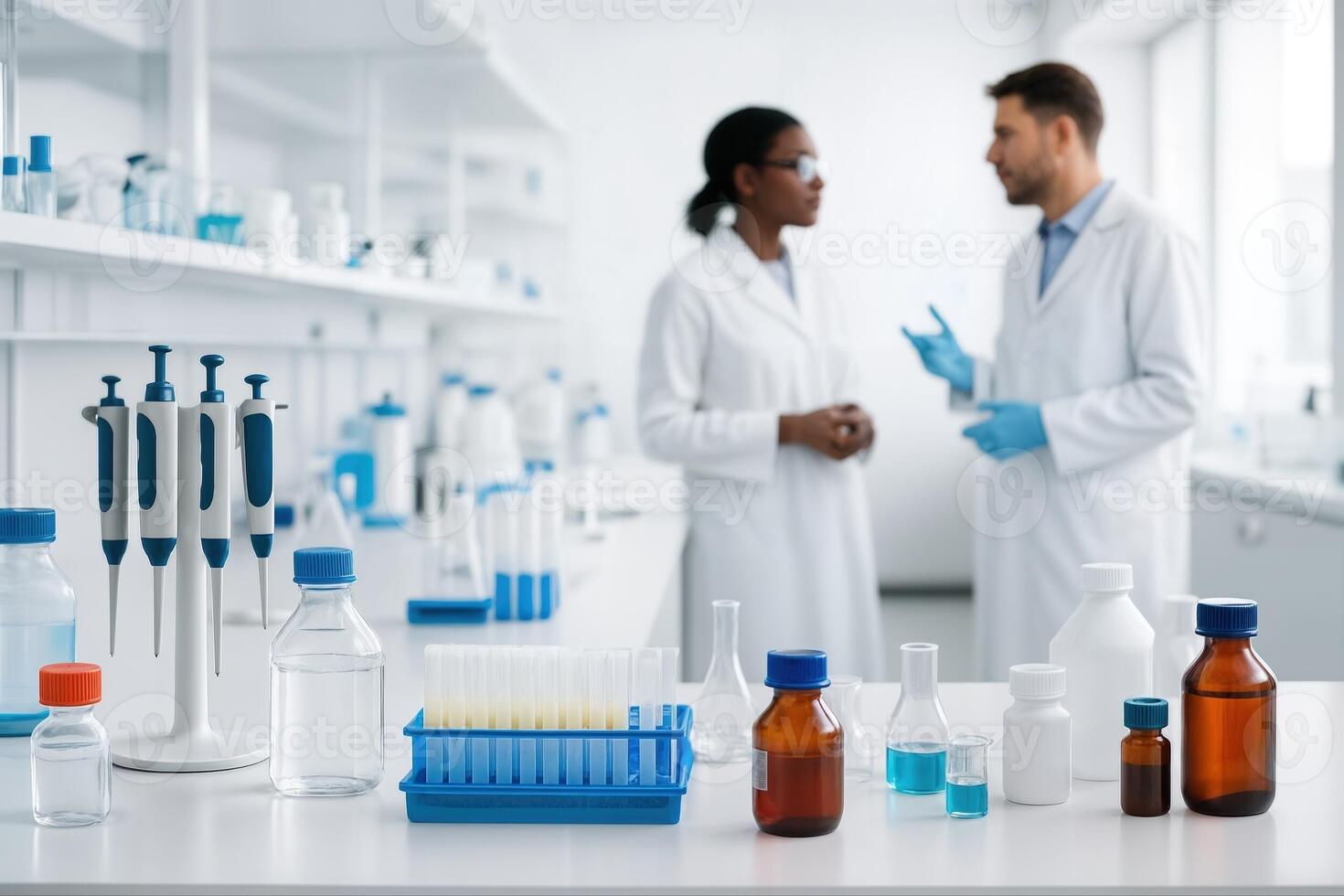 Laboratory Discussion Between Two Scientists Surrounded By Lab Equipment With A Focus On Test Tubes And Bottles In A Bright, Modern Environment photo