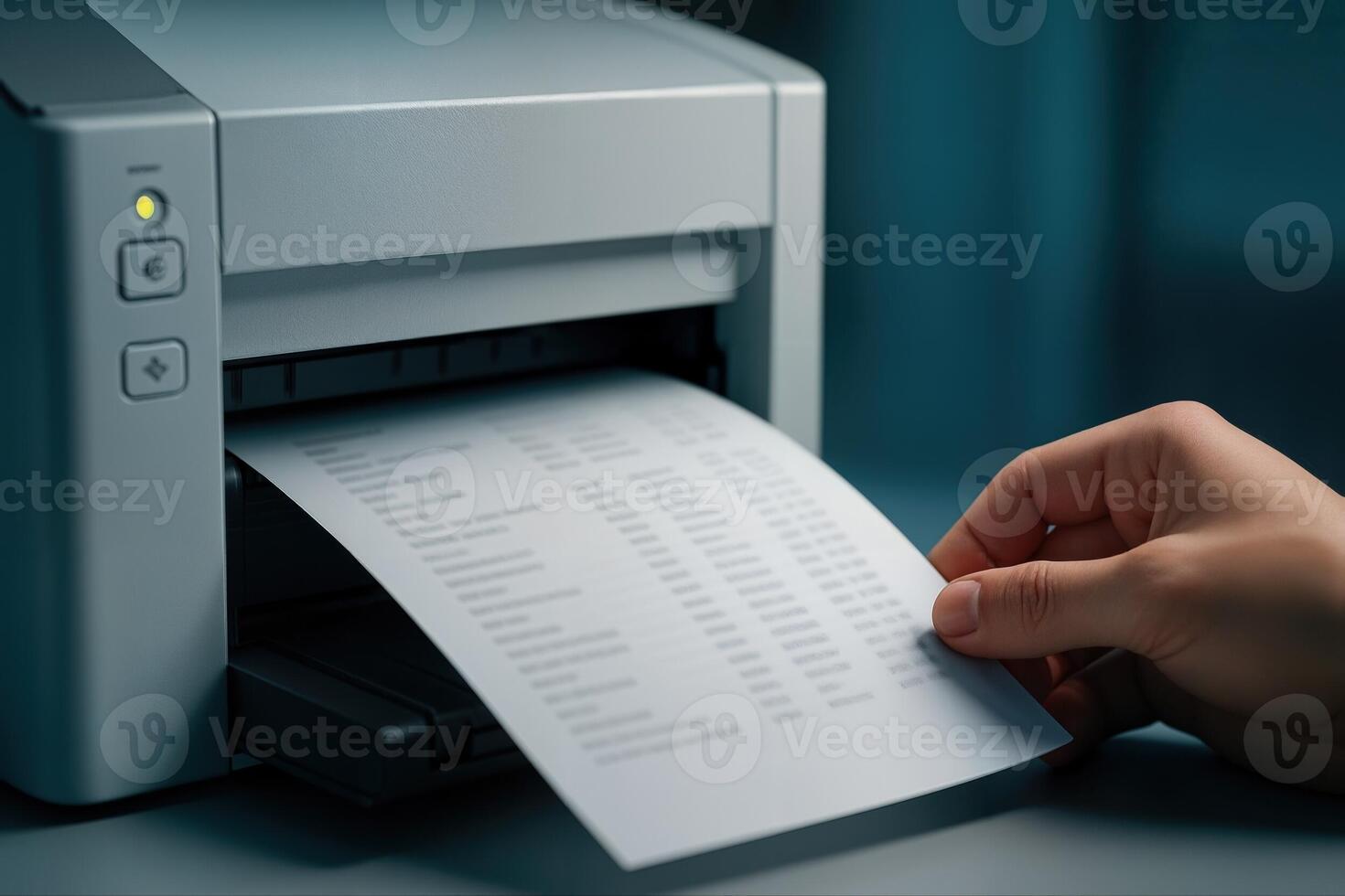 Office Printer in Use with a Hand Retrieving Printed Document in a Low Light Setting Emphasizing Modern Office Technology photo