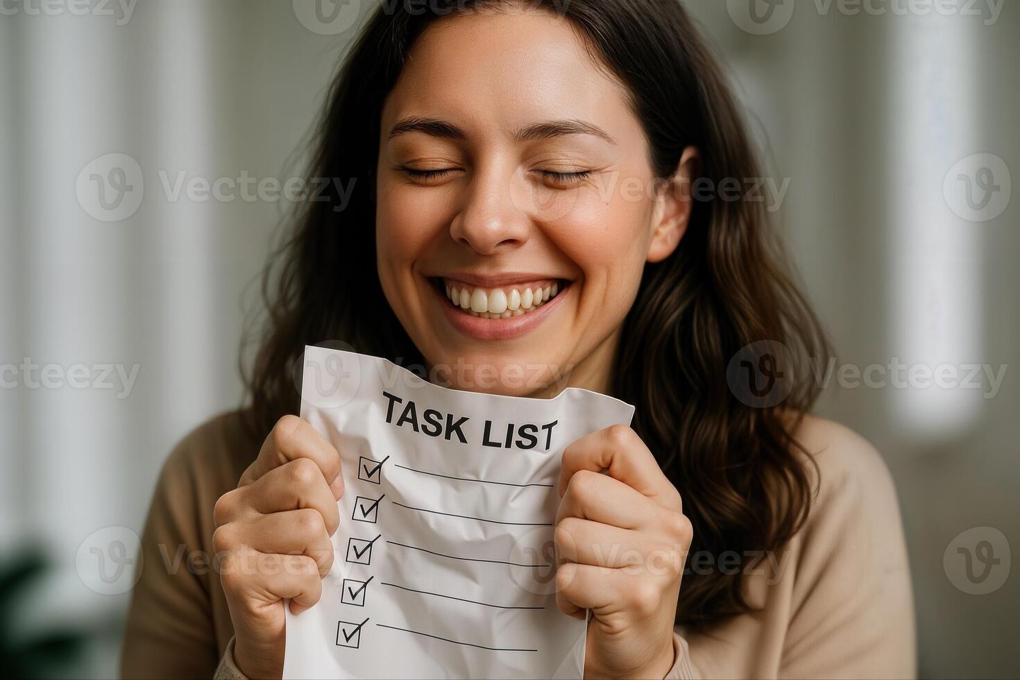 A Woman Indoors Holding A Completed Task List With A Satisfied Expression, Highlighting Productivity And Achievement In A Bright Setting photo