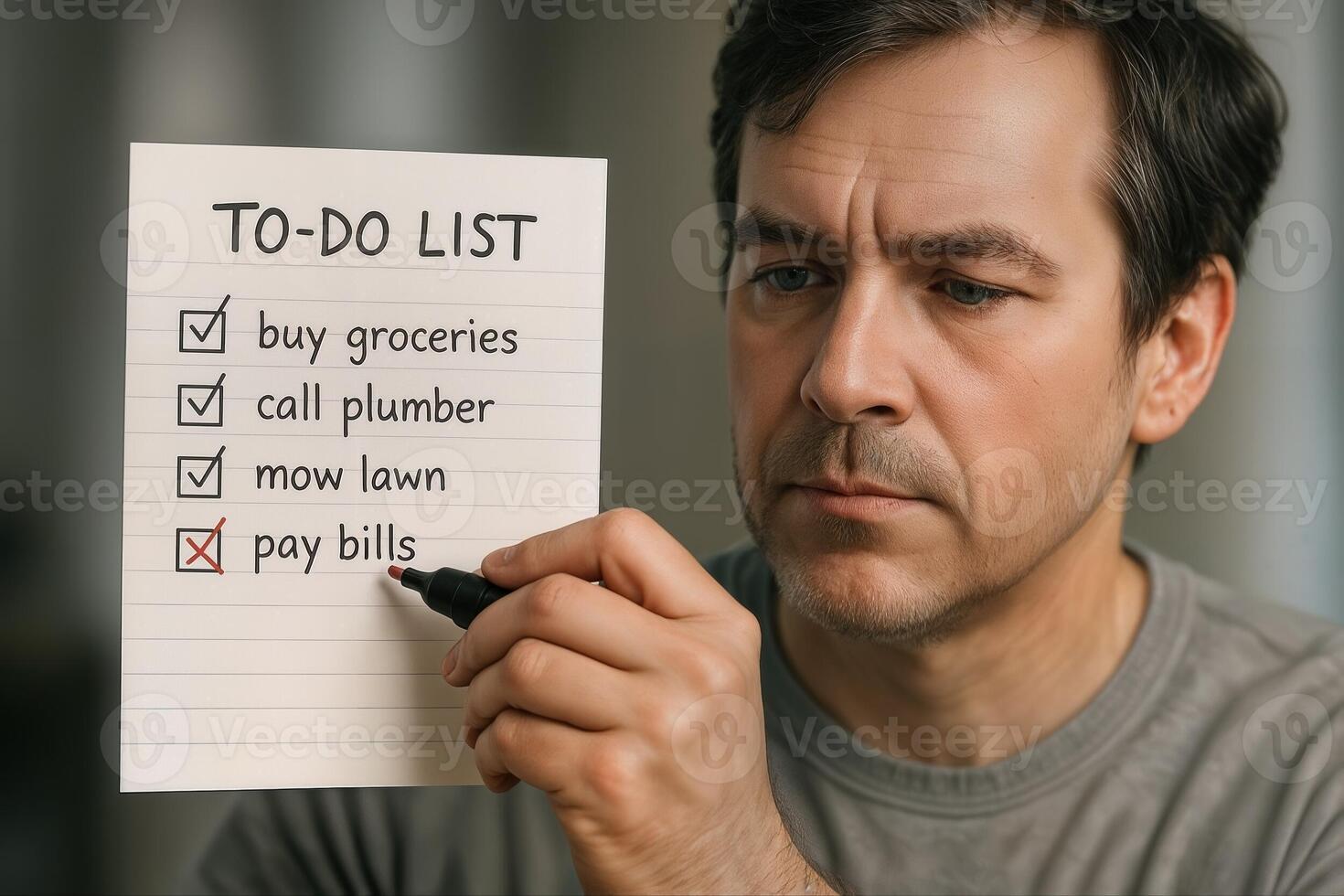 A Man Indoors Completing A To Do List By Crossing Out Tasks On A Note With A Pen In A Focused Expression In Soft Ambient Lighting photo