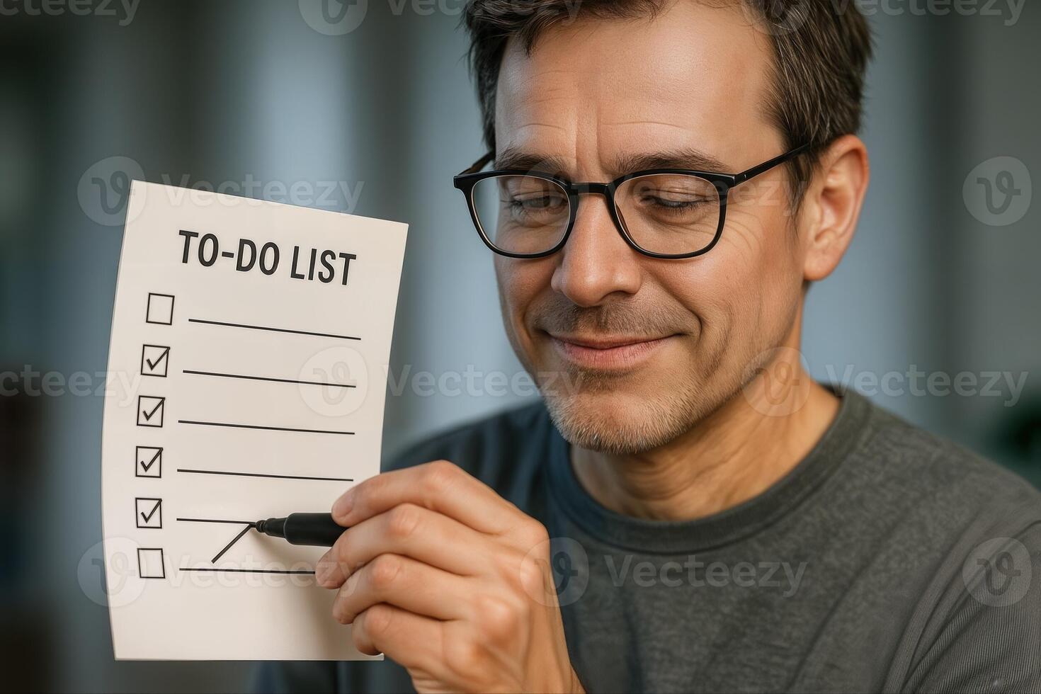 Man Indoors Checking Off Multiple Items On A To Do List While Smiling With Natural Light Creating A Sense Of Achievement And Productivity photo