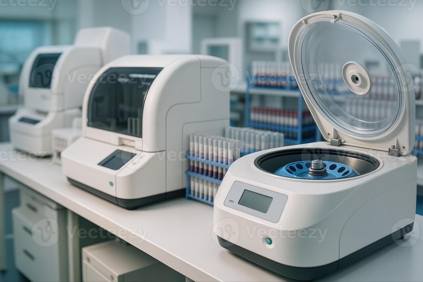 Blood Analysis Laboratory Showing Advanced Equipment And Test Tubes On A Workbench In A Bright Well lit Environment With Shallow Depth Of Field photo