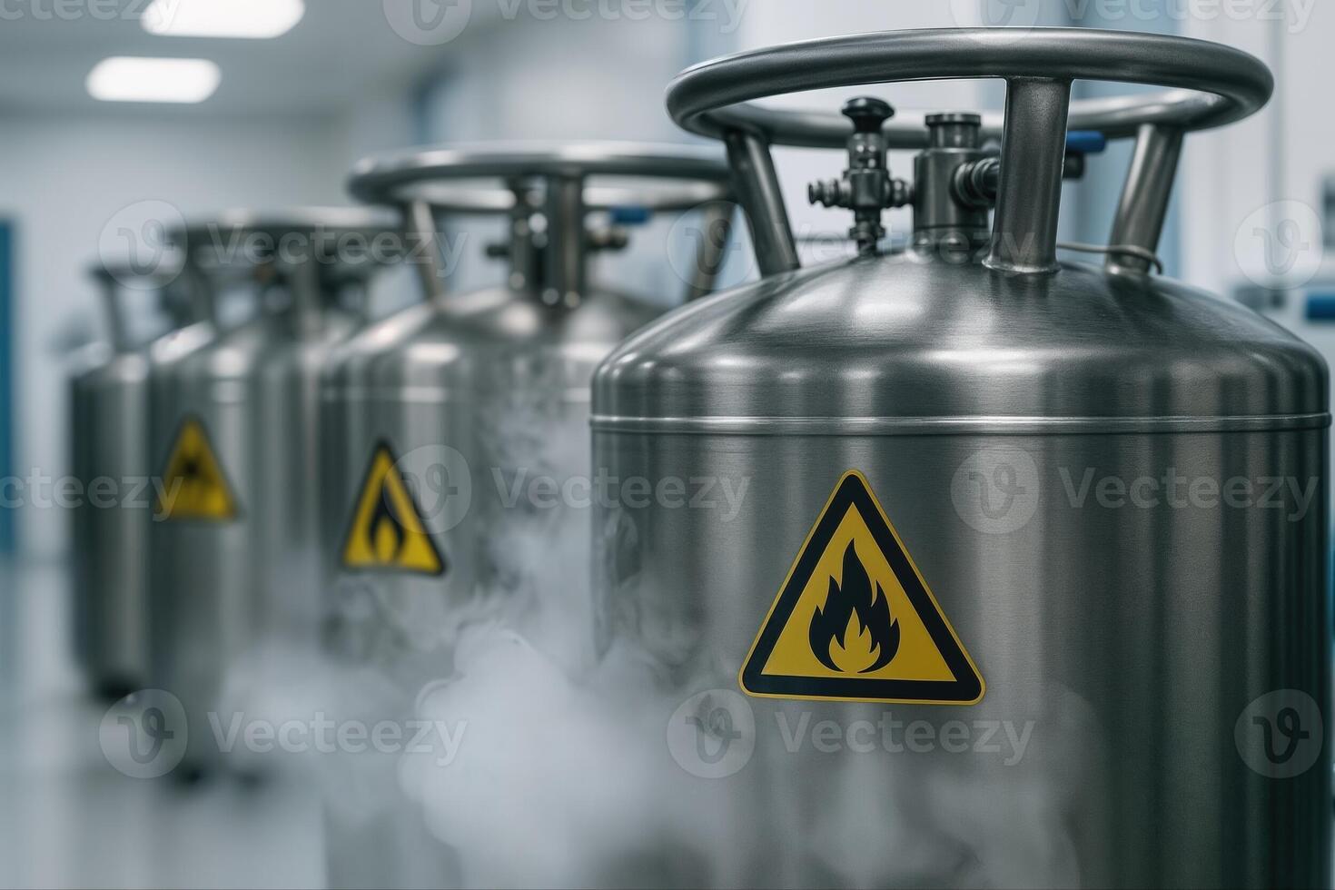 Cryogenic Lab Storage Tanks With Safety Signages in a Laboratory Setting with Visible Steam Under Fluorescent Lighting in a Row photo