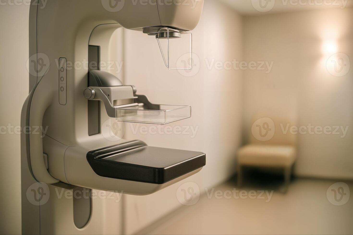 Mammography Screening Room Featuring a Modern Imaging Machine in a Clinical Setting with Soft Lighting and an Empty Chair in the Background photo