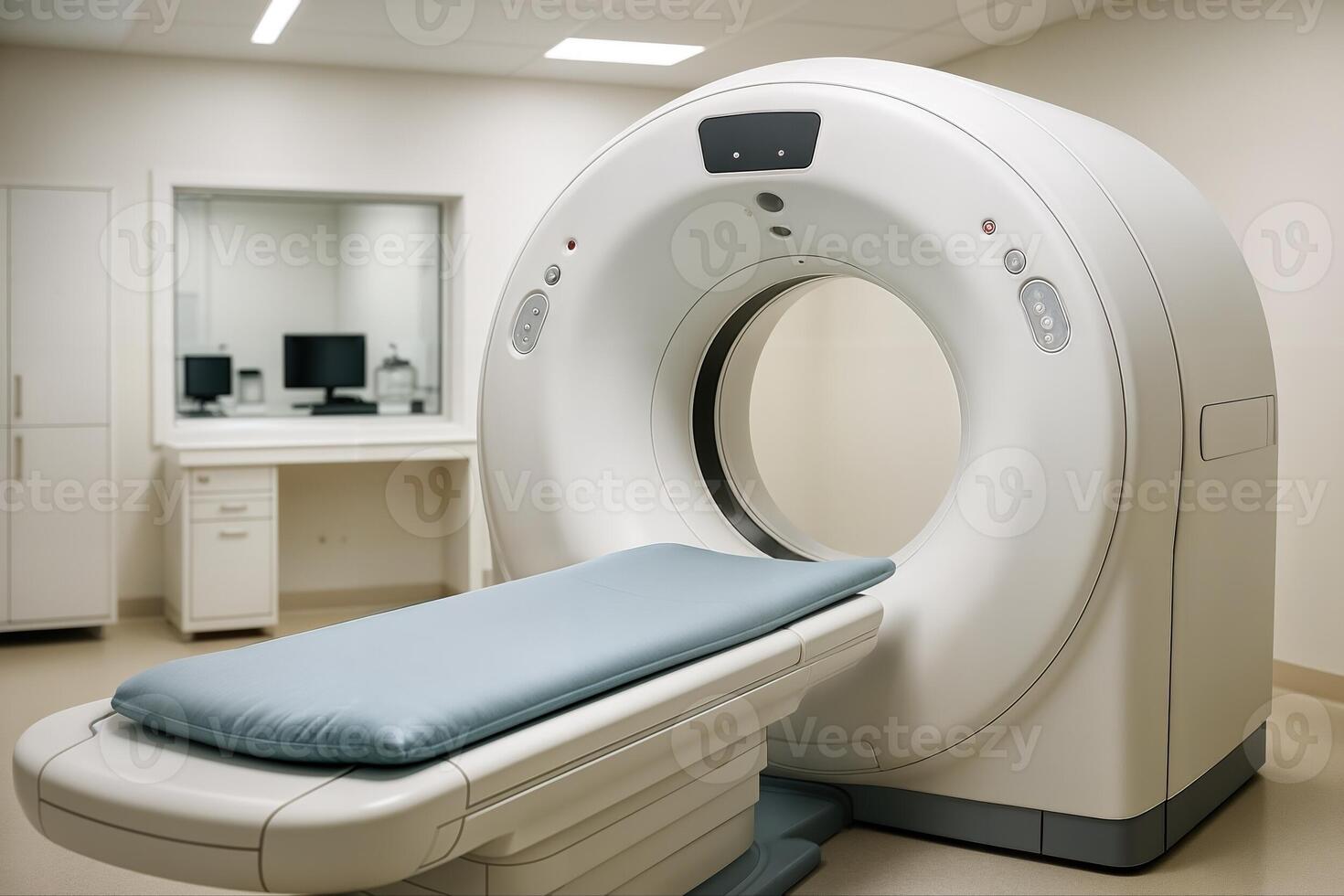 Modern CT scan room featuring an advanced imaging machine in a clean and well lit environment with neutral tones, emphasizing medical technology and design photo