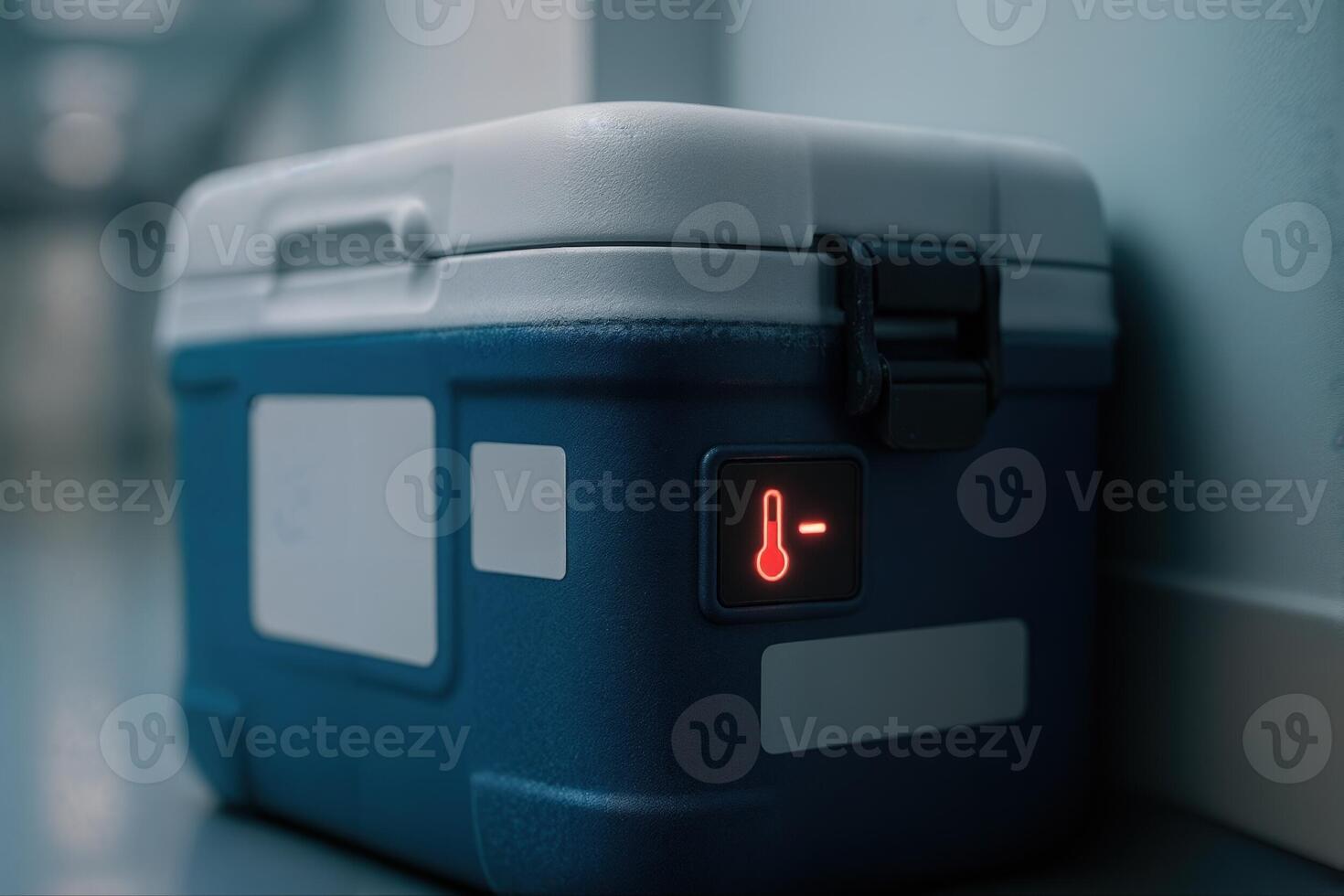 Organ Transport Cooler in a Hospital Corridor Featuring a Temperature Indicator Light With Shallow Depth Of Field in a Low Light Setting photo