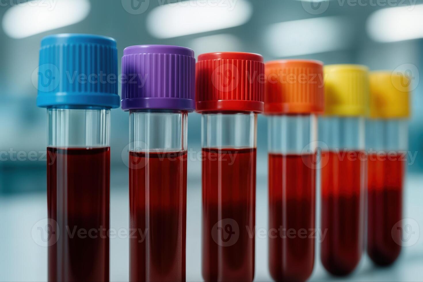 Organized Lab Test Tubes in a Row Filled with Red Liquid in a Laboratory Setting under Bright Indoor Lighting Creating a Futuristic Atmosphere photo