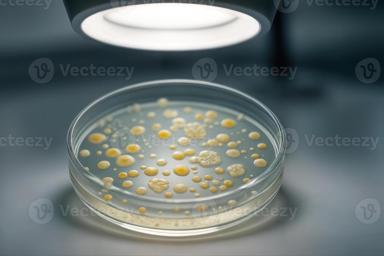 Petri Dish Under Laboratory Light With Visible Bacterial Cultures In A Controlled Environment Showing Colonies And Growth Patterns photo